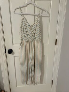 Striped Cream and Teal Cropped Wide-Leg Jumpsuit